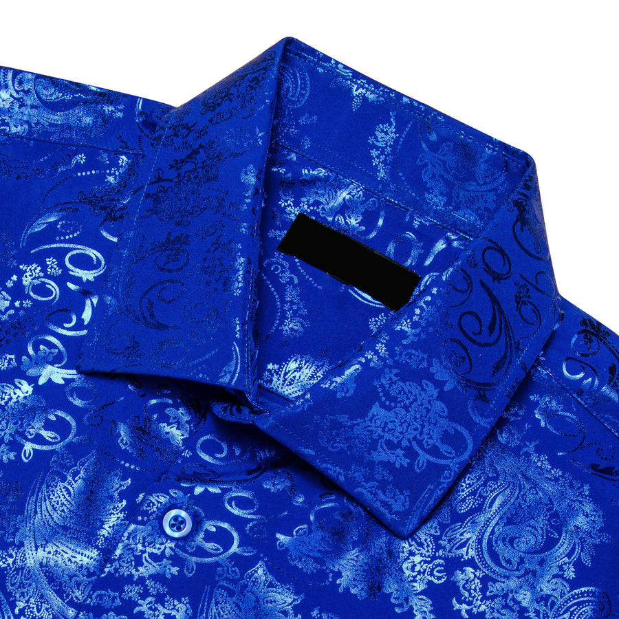 Cobalt Blue Bronzing Floral Silk Dress Shirt shirt    - Sophisticated Gentlemen