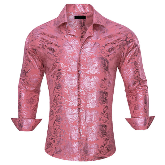 Watermelon Pink Floral Silk Dress Shirt shirt S   - Sophisticated Gentlemen