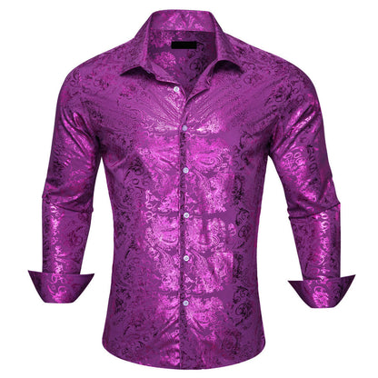 Orchid Purple Jacquard Floral Men's Silk Dress Shirt shirt S   - Sophisticated Gentlemen
