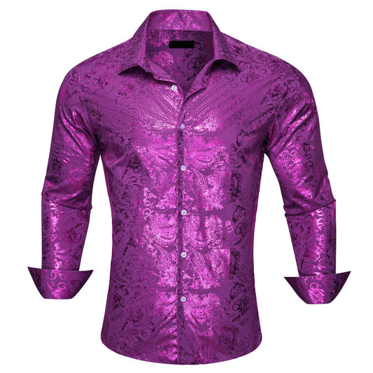 Orchid Purple Jacquard Floral Men's Silk Dress Shirt shirt S   - Sophisticated Gentlemen