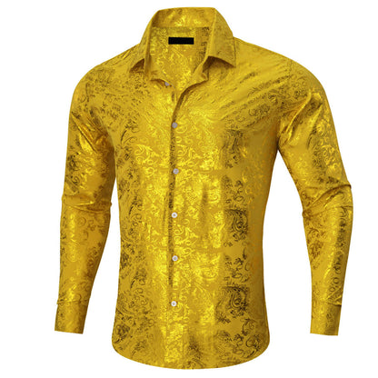 Gold Yellow Jacquard Floral Silk Dress Shirt shirt    - Sophisticated Gentlemen