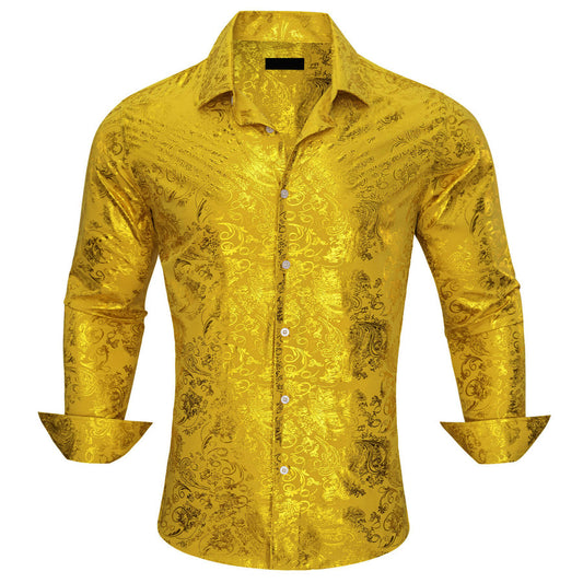 Gold Yellow Jacquard Floral Silk Dress Shirt shirt S   - Sophisticated Gentlemen