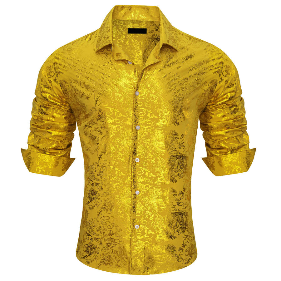 Gold Yellow Jacquard Floral Silk Dress Shirt shirt    - Sophisticated Gentlemen
