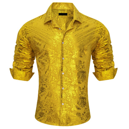 Gold Yellow Jacquard Floral Silk Dress Shirt shirt    - Sophisticated Gentlemen