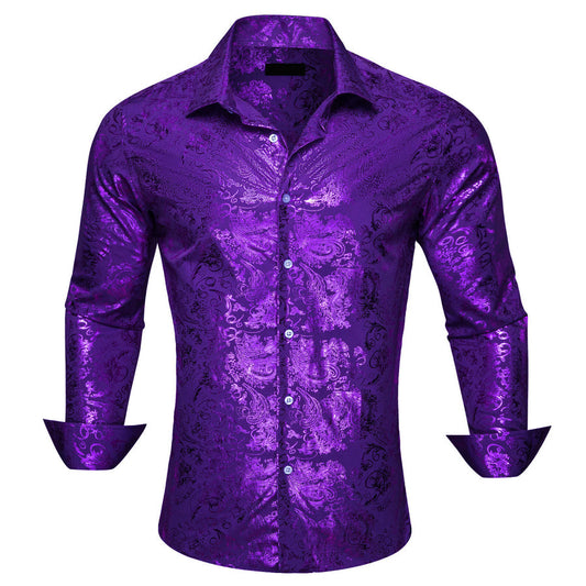 Violet Purple Floral Silk Dress Shirt shirt S   - Sophisticated Gentlemen