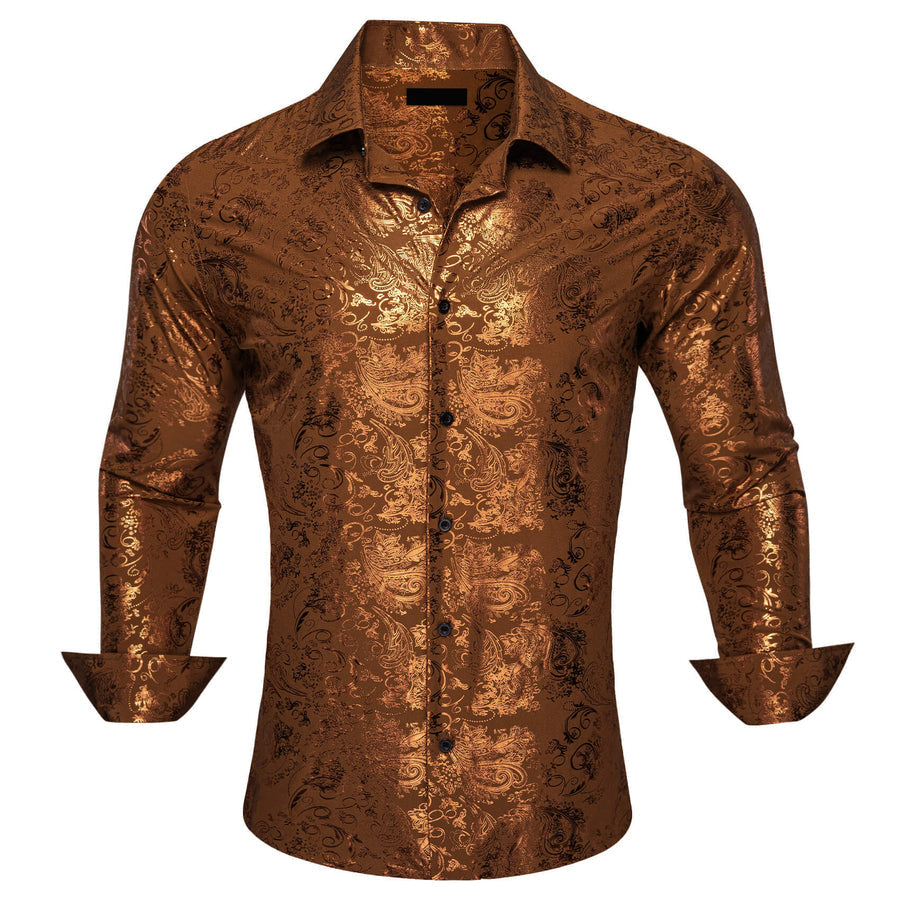 Caramel Brown Bronzing Floral Silk Dress Shirt shirt S   - Sophisticated Gentlemen