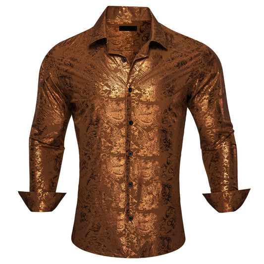 Caramel Brown Bronzing Floral Silk Dress Shirt shirt S   - Sophisticated Gentlemen
