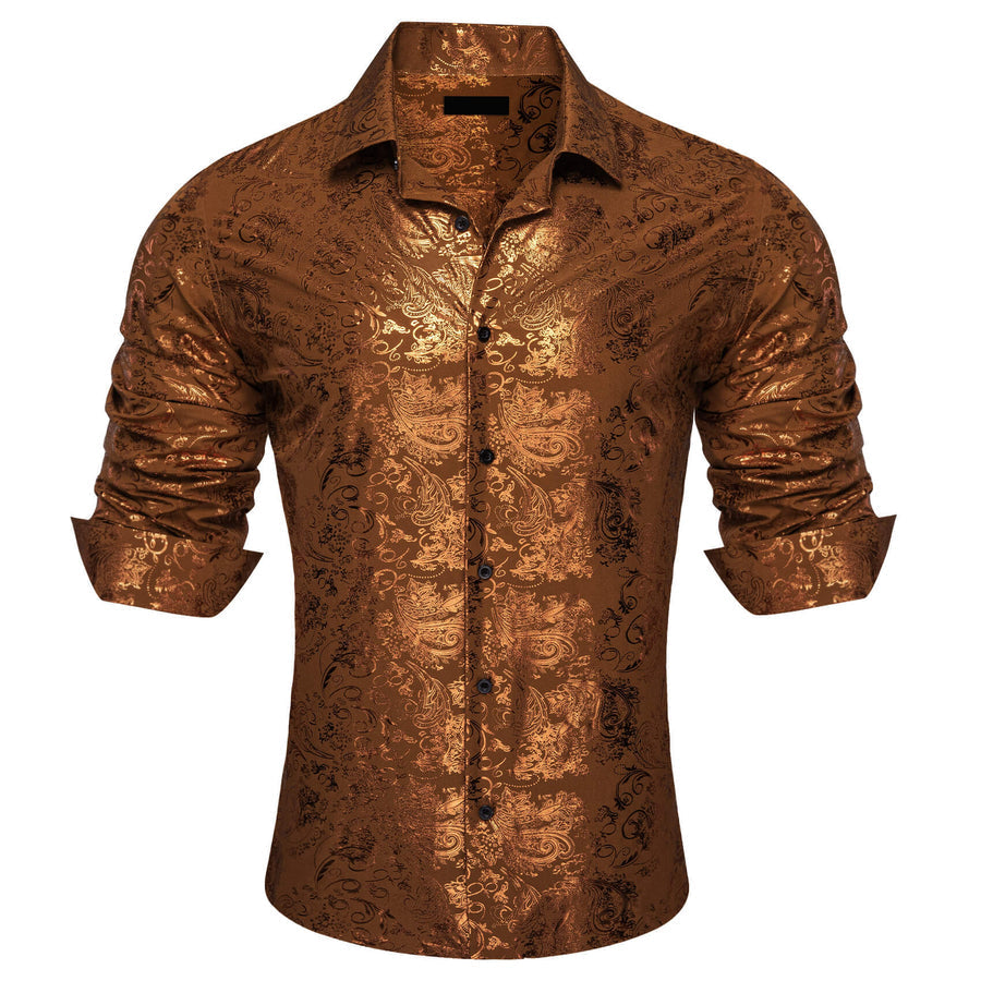 Caramel Brown Bronzing Floral Silk Dress Shirt shirt    - Sophisticated Gentlemen