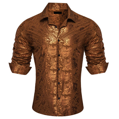 Caramel Brown Bronzing Floral Silk Dress Shirt shirt    - Sophisticated Gentlemen