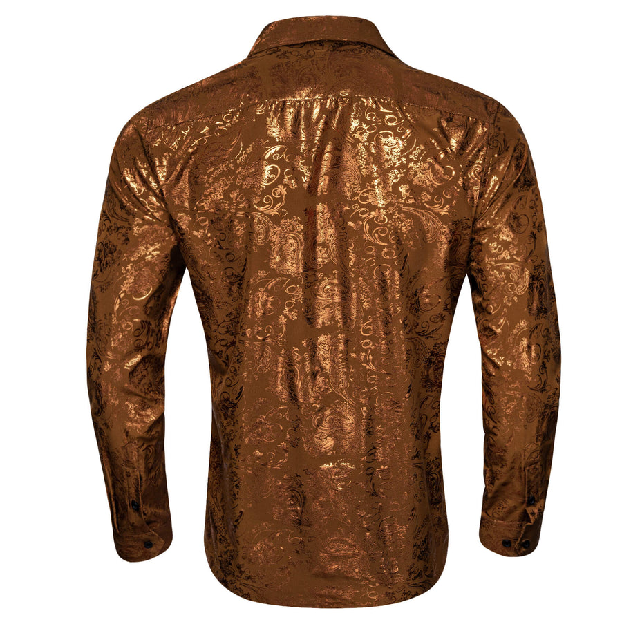 Caramel Brown Bronzing Floral Silk Dress Shirt shirt    - Sophisticated Gentlemen
