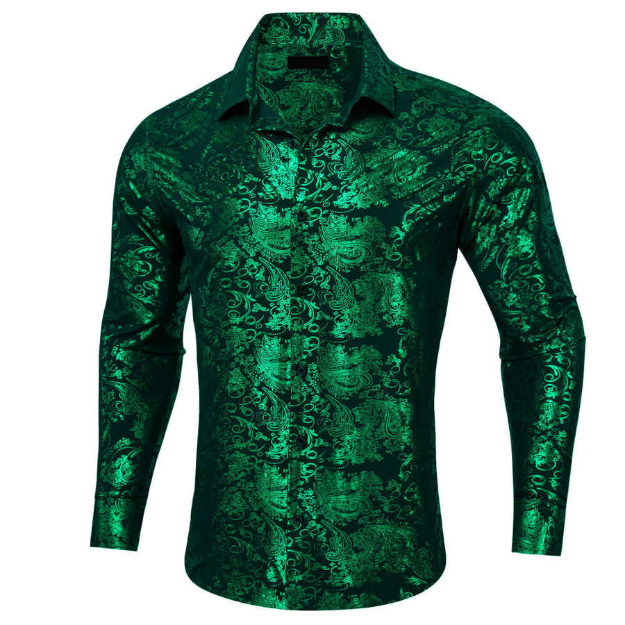 Emerald Green Bronzing Floral Jacquard Silk Dress Shirt shirt    - Sophisticated Gentlemen