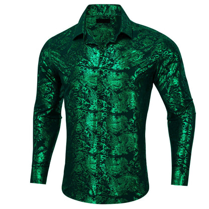 Emerald Green Bronzing Floral Jacquard Silk Dress Shirt shirt    - Sophisticated Gentlemen