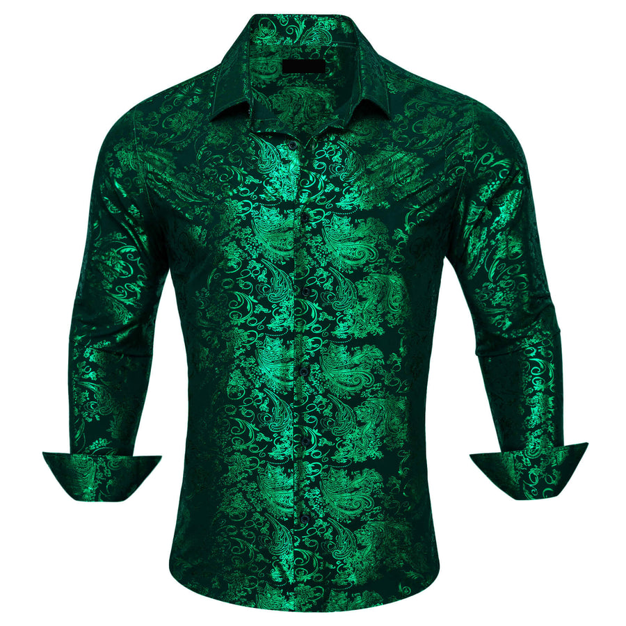 Emerald Green Bronzing Floral Jacquard Silk Dress Shirt shirt S   - Sophisticated Gentlemen