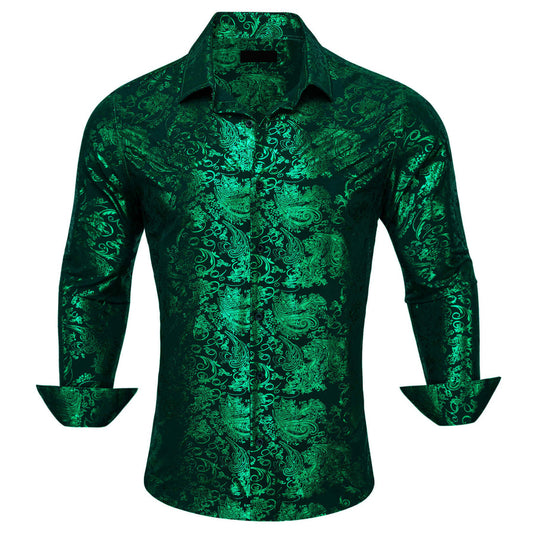 Emerald Green Bronzing Floral Jacquard Silk Dress Shirt shirt S   - Sophisticated Gentlemen