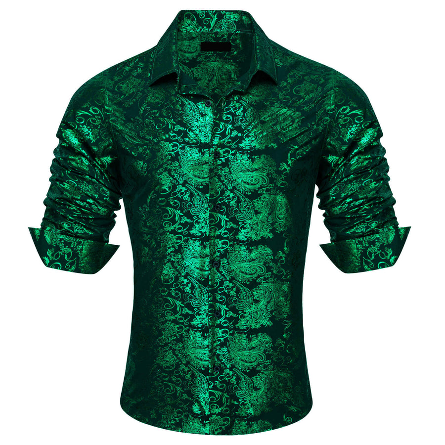 Emerald Green Bronzing Floral Jacquard Silk Dress Shirt shirt    - Sophisticated Gentlemen