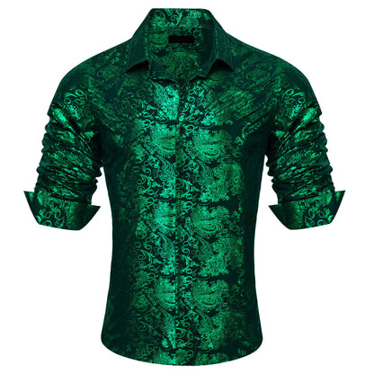 Emerald Green Bronzing Floral Jacquard Silk Dress Shirt shirt    - Sophisticated Gentlemen