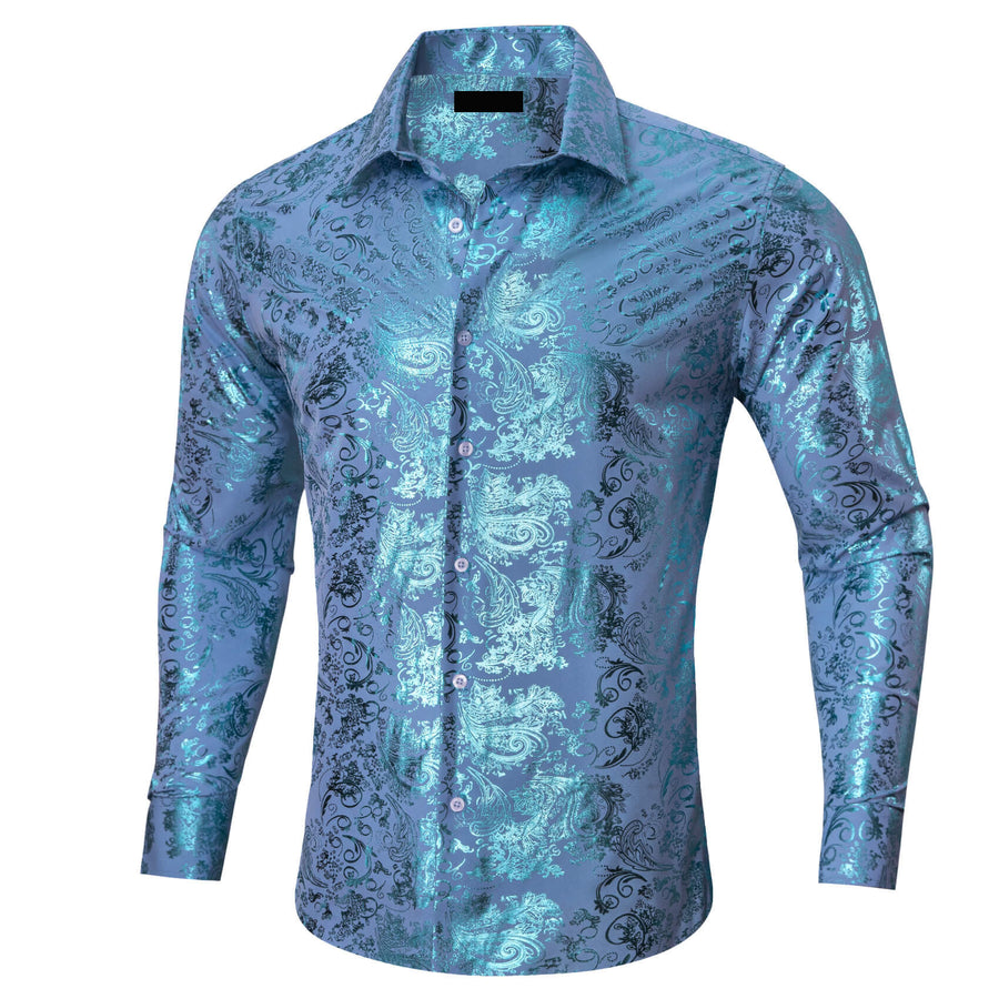 Sky Blue Bronzing Floral Silk Dress Shirt shirt    - Sophisticated Gentlemen