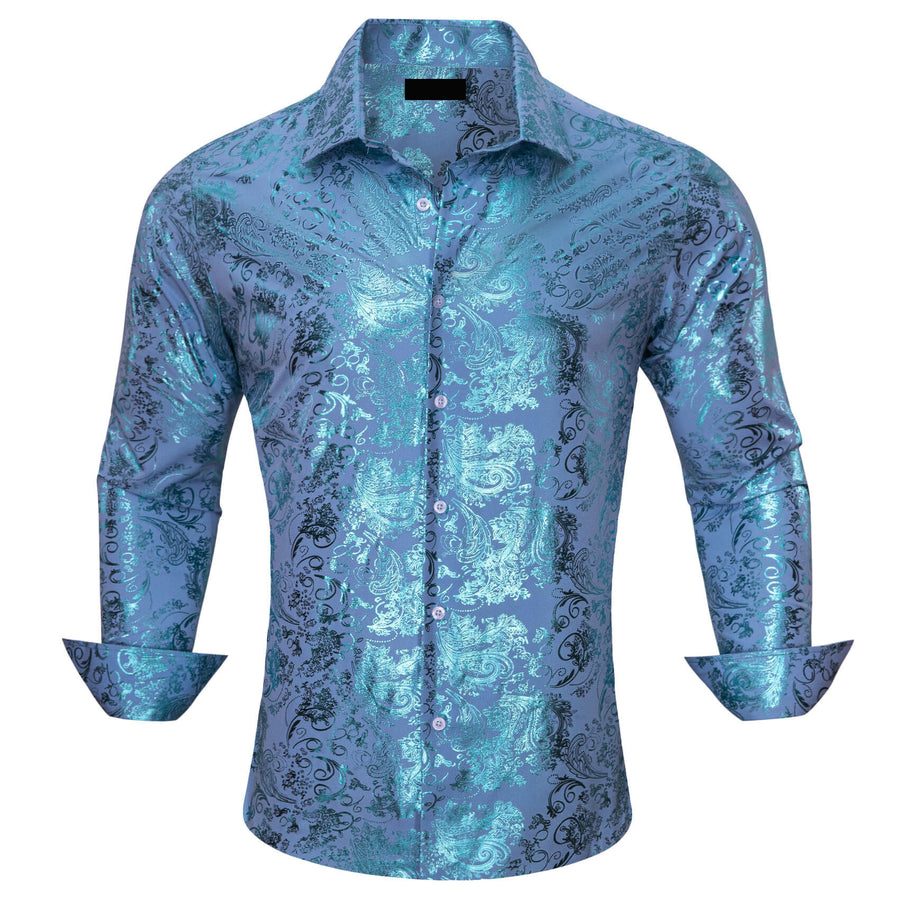 Sky Blue Bronzing Floral Silk Dress Shirt shirt S   - Sophisticated Gentlemen