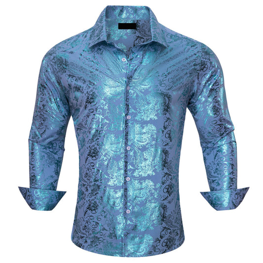 Sky Blue Bronzing Floral Silk Dress Shirt shirt S   - Sophisticated Gentlemen