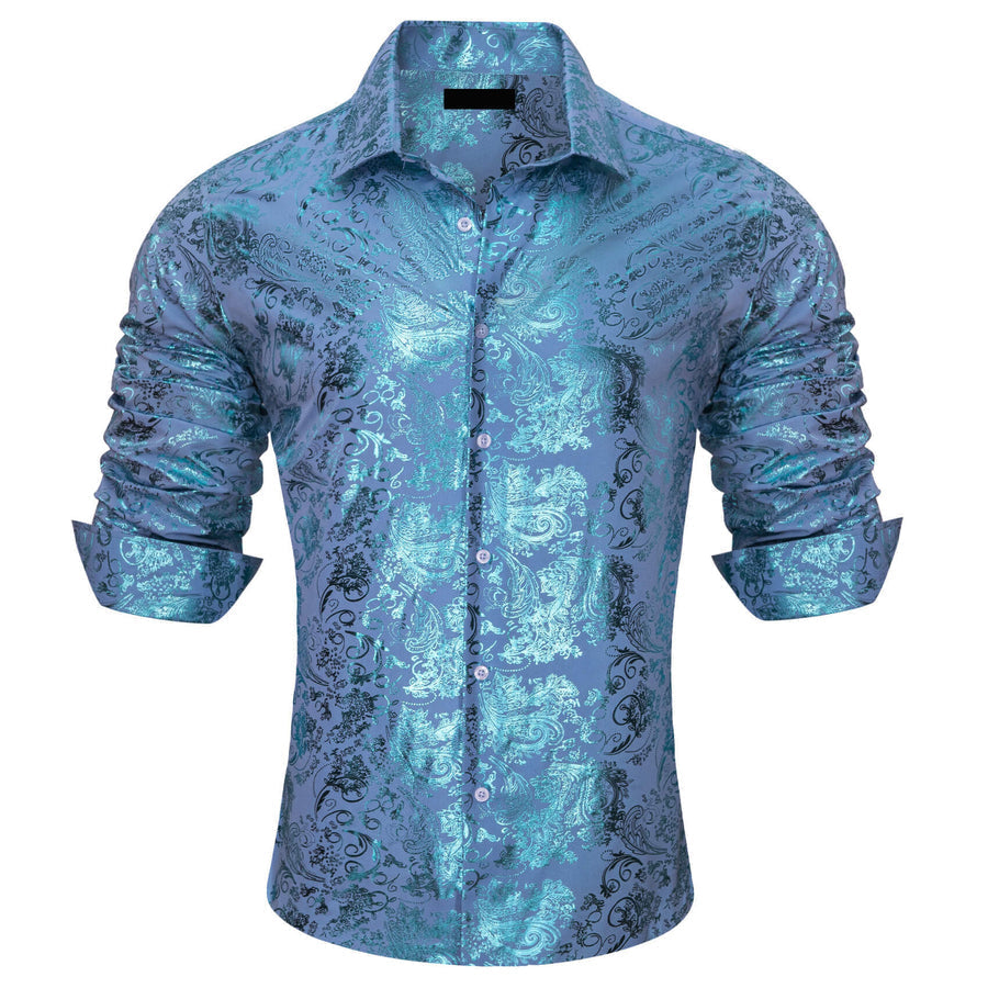 Sky Blue Bronzing Floral Silk Dress Shirt shirt    - Sophisticated Gentlemen