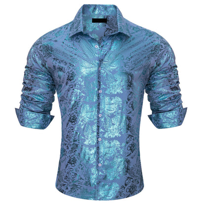 Sky Blue Bronzing Floral Silk Dress Shirt shirt    - Sophisticated Gentlemen