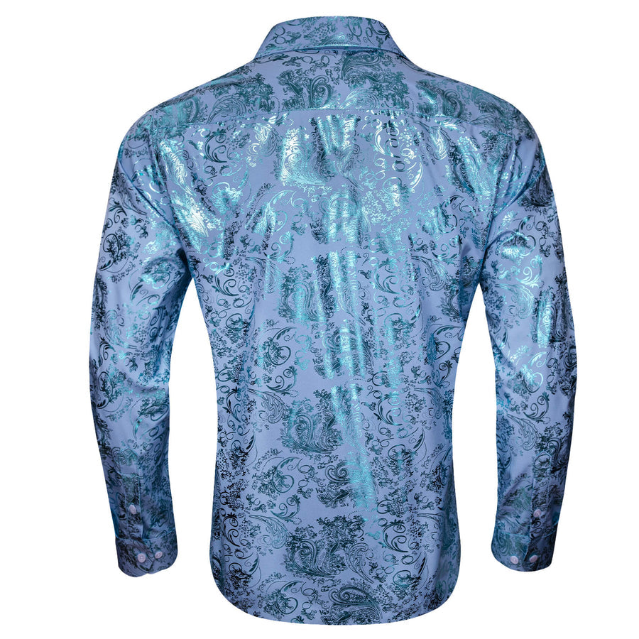 Sky Blue Bronzing Floral Silk Dress Shirt shirt    - Sophisticated Gentlemen