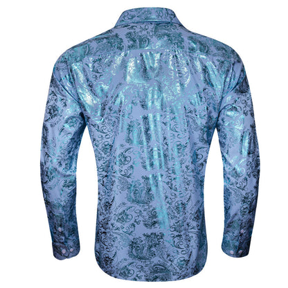 Sky Blue Bronzing Floral Silk Dress Shirt shirt    - Sophisticated Gentlemen