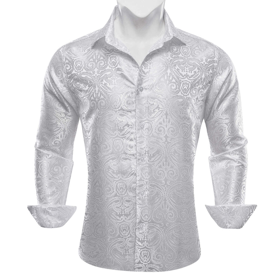 White Paisley Jacquard Silk Dress Shirt shirt S   - Sophisticated Gentlemen