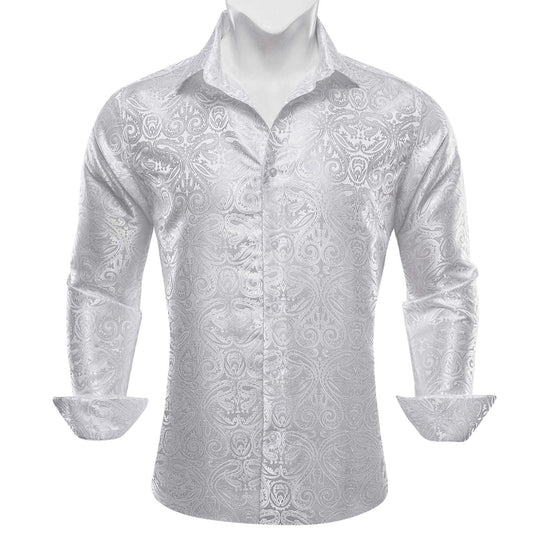 White Paisley Jacquard Silk Dress Shirt shirt S   - Sophisticated Gentlemen