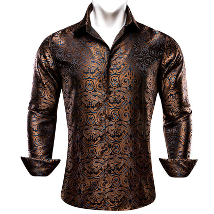 Brown Blue Paisley Silk Dress Shirt shirt S   - Sophisticated Gentlemen