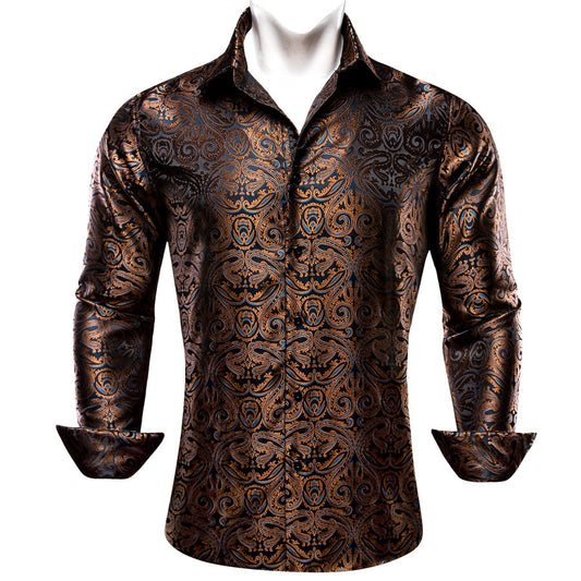 Brown Blue Paisley Silk Dress Shirt shirt S   - Sophisticated Gentlemen