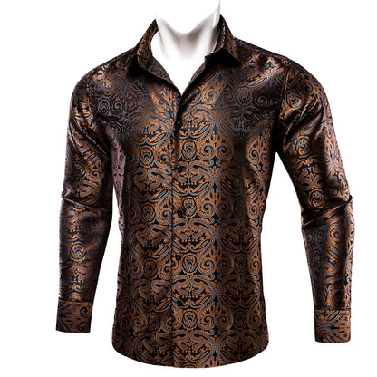 Brown Blue Paisley Silk Dress Shirt shirt    - Sophisticated Gentlemen