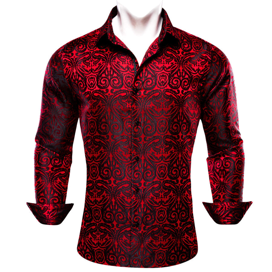 Red Black Woven Paisley Silk Dress Shirt shirt S   - Sophisticated Gentlemen