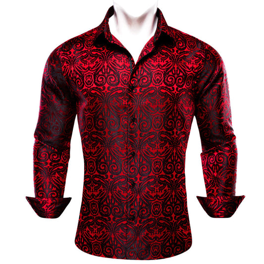 Red Black Woven Paisley Silk Dress Shirt shirt S   - Sophisticated Gentlemen