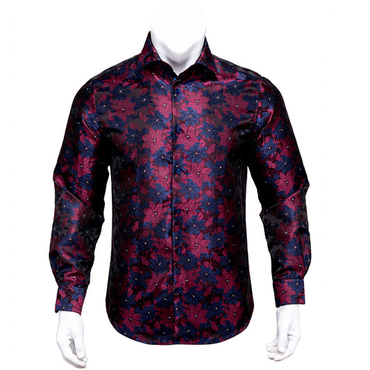 Blue Burgundy Floral Silk Dress Shirt shirt S   - Sophisticated Gentlemen