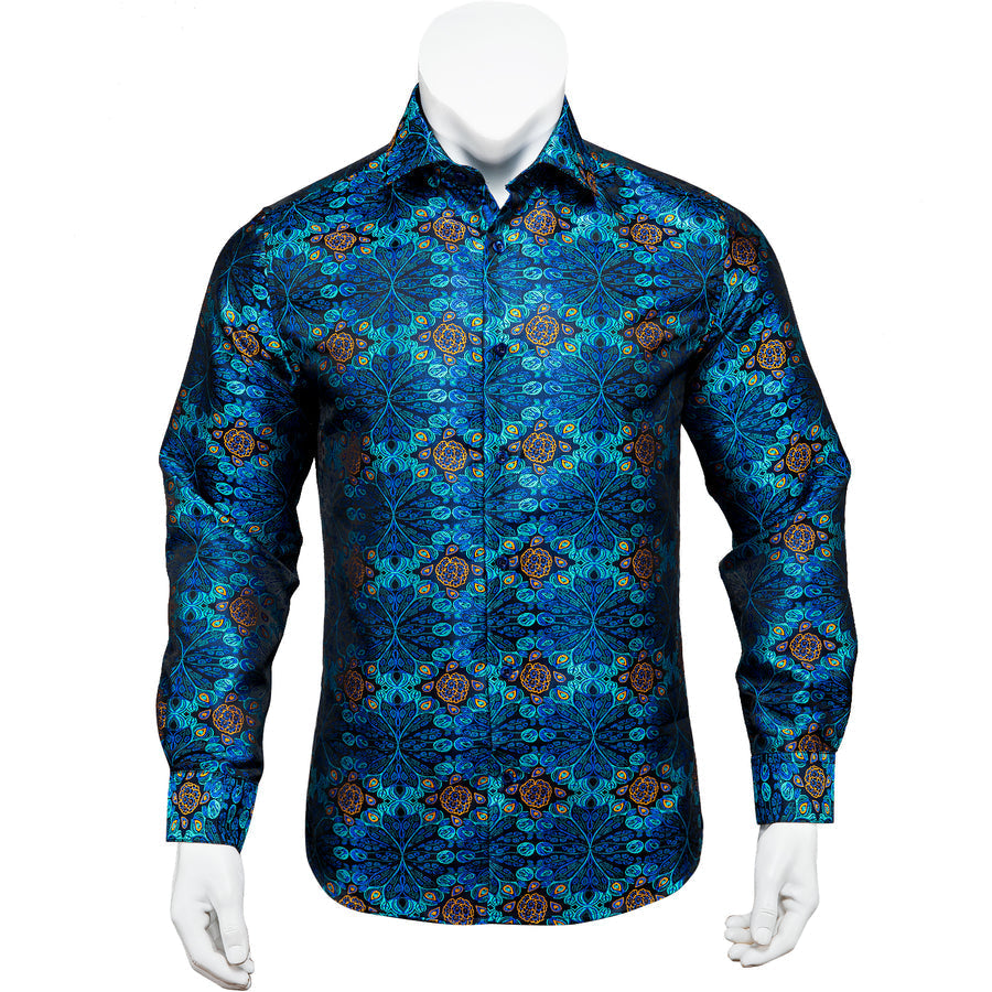 Peacock Blue Floral Silk Dress Shirt shirt    - Sophisticated Gentlemen