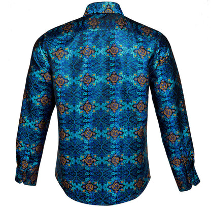 Peacock Blue Floral Silk Dress Shirt shirt    - Sophisticated Gentlemen