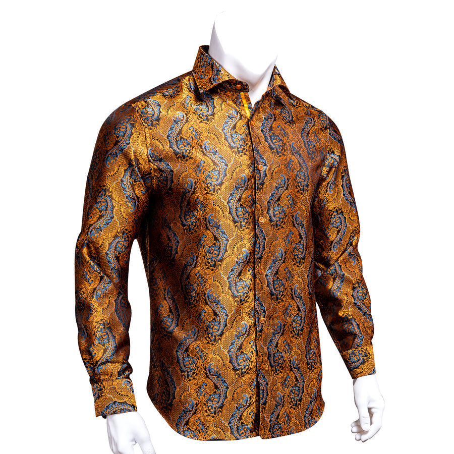 Shining Golden Paisley Silk Dress Shirt shirt    - Sophisticated Gentlemen