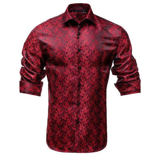 Red Black Paisley Silk Dress Shirt shirt S   - Sophisticated Gentlemen