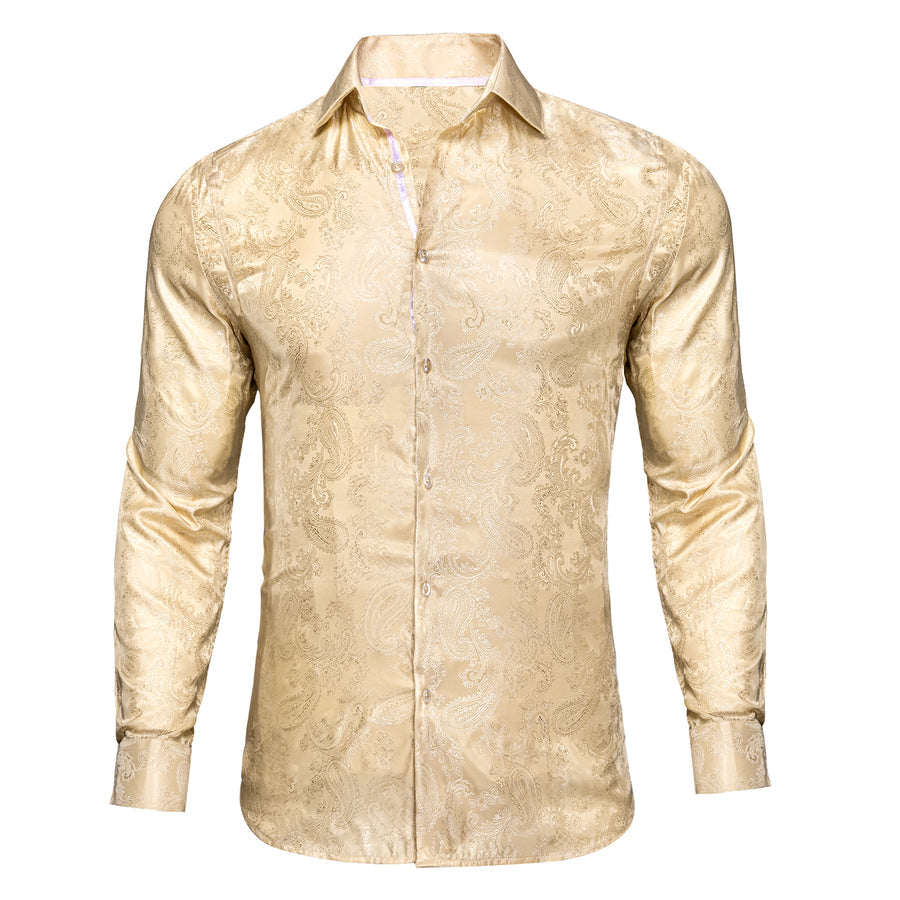 Khaki Paisley Silk Dress Shirt shirt S   - Sophisticated Gentlemen
