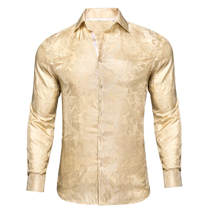 Khaki Paisley Silk Dress Shirt shirt S   - Sophisticated Gentlemen