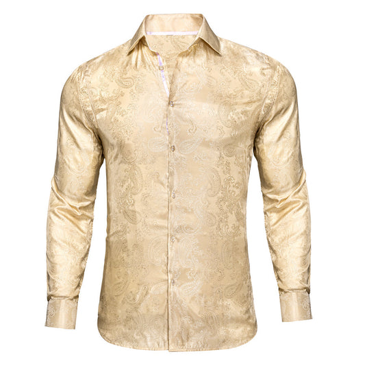 Khaki Paisley Silk Dress Shirt shirt S   - Sophisticated Gentlemen
