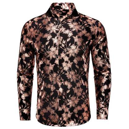 Black & Bronze Silk Shirt with Cherry Blossom Pattern shirt S   - Sophisticated Gentlemen