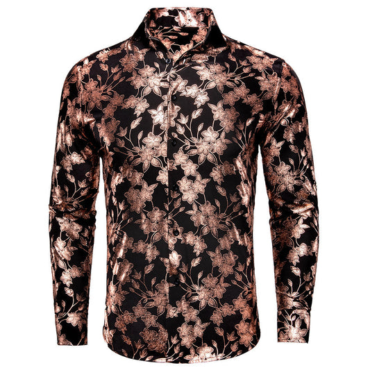 Black & Bronze Silk Shirt with Cherry Blossom Pattern shirt S   - Sophisticated Gentlemen