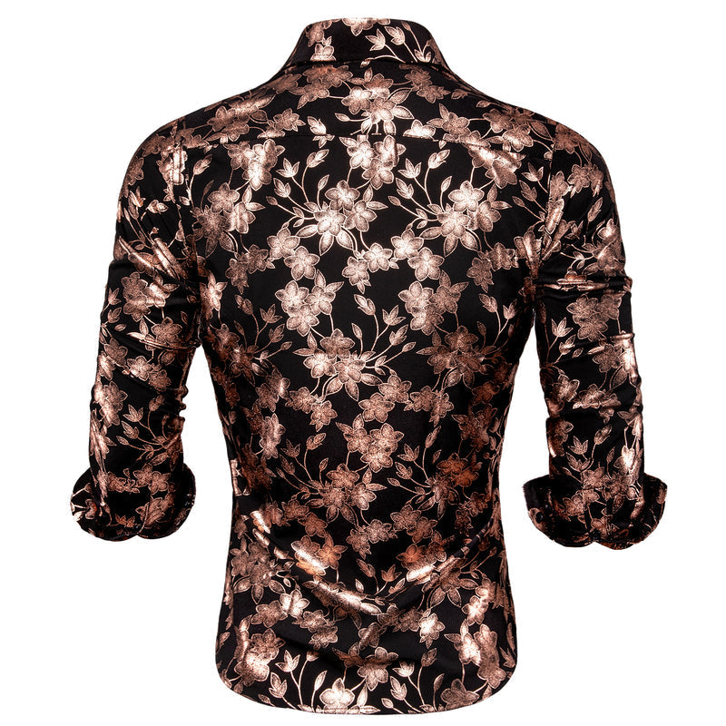 Black & Bronze Silk Shirt with Cherry Blossom Pattern shirt    - Sophisticated Gentlemen