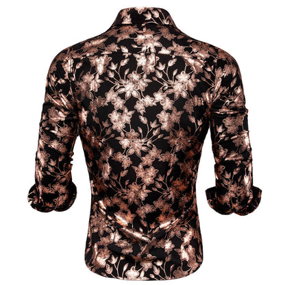 Black & Bronze Silk Shirt with Cherry Blossom Pattern shirt    - Sophisticated Gentlemen