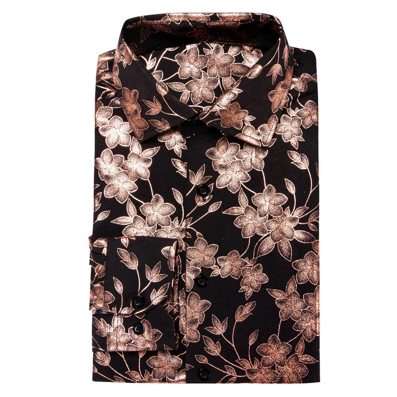 Black & Bronze Silk Shirt with Cherry Blossom Pattern shirt    - Sophisticated Gentlemen