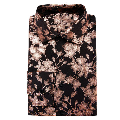 Black & Bronze Silk Shirt with Cherry Blossom Pattern shirt    - Sophisticated Gentlemen