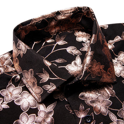 Black & Bronze Silk Shirt with Cherry Blossom Pattern shirt    - Sophisticated Gentlemen