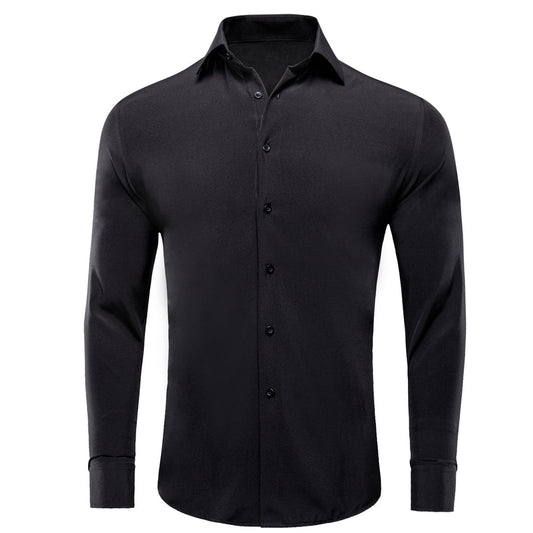Pure Black Solid Cotton Stretchy Fabric Dress Shirt shirt S   - Sophisticated Gentlemen